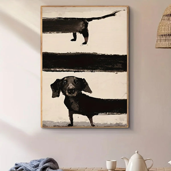 Dans une cuisine rétro, une tableau rigolo d'un chien teckel est affiché. 