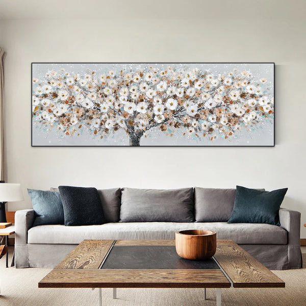 Tableau style peinture paysage arbre fleurs blanches