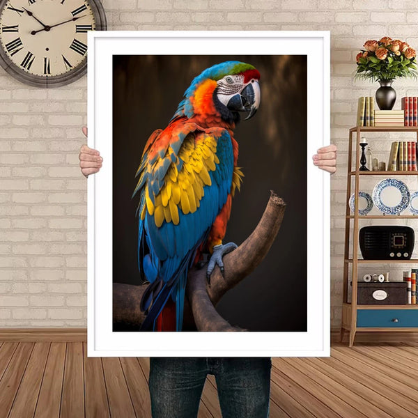 Dans une pièce au style rétro, un homme tient dans ses mains un tableau d'un perroquet coloré. 