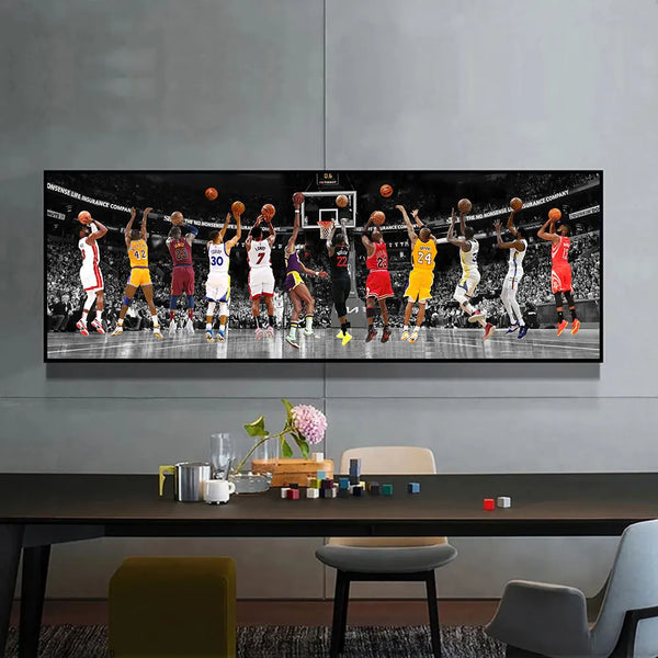 Sans une salle de réunion au style moderne et contemporain, un tableau format paysage représentant des joueurs de basket célèbre est affiché.