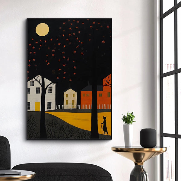 Dans un salon moderne, une toile représentant un paysage automnal minimaliste avec un chat humanisé en ombre est affichée.