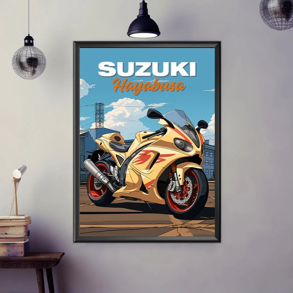 Dans une pièce épuré, un tableau de style peinture représentant une moto dans un paysage urbain est affiché. 