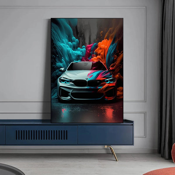Un tableau de voiture sportive avec de la fumée colorée est disposé sur un meuble bas dans un salon.