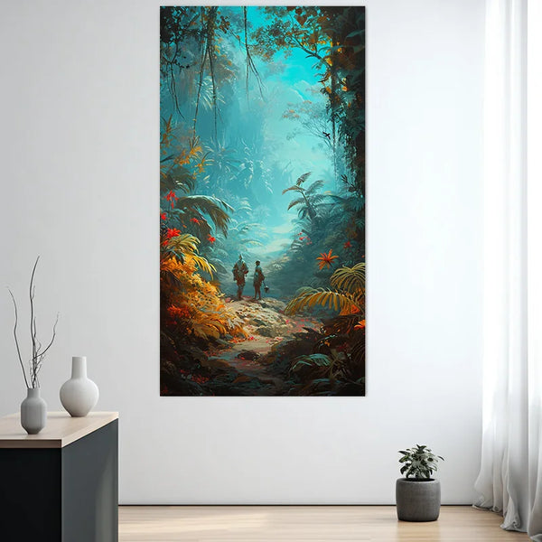 Une toile représentant une illustration de la jungle tropicale avec deux explorateurs est installée dans un salon épuré. Il y a une plante au sol. 