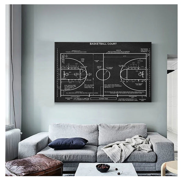 Dans un salon au style moderne et un brin industriel est affiché un tableau noir et blanc représentant un dessin technique d'un stade de basketball. 