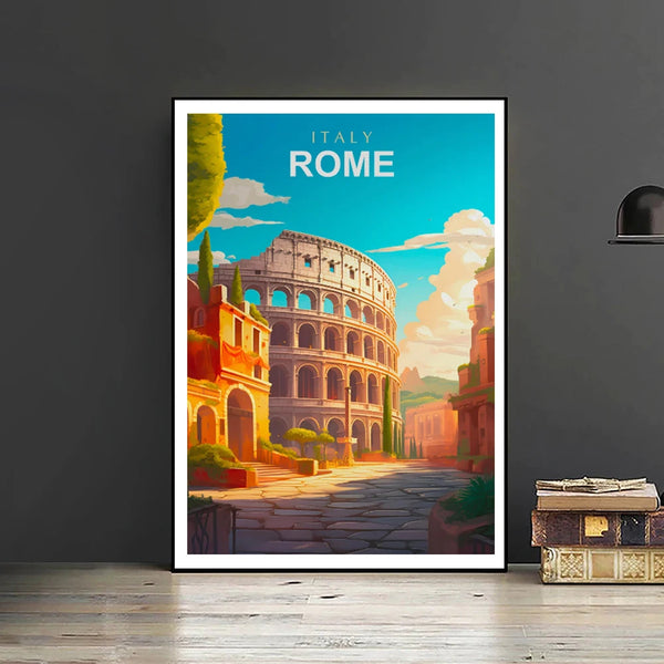 Un tableau d'une illustration de Rome est installée sur un bureau. L'affiche est vintage. Il y a des livres et une lampe à côté.