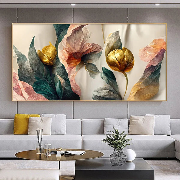 Un tableau de style peinture dans les tons de roses, verts et dorés. Il y a des fleurs, boutons. Le tableau est installé dans un salon au-dessus d'un canapé d'angle blanc. Le style de déco est moderne et contemporain. 