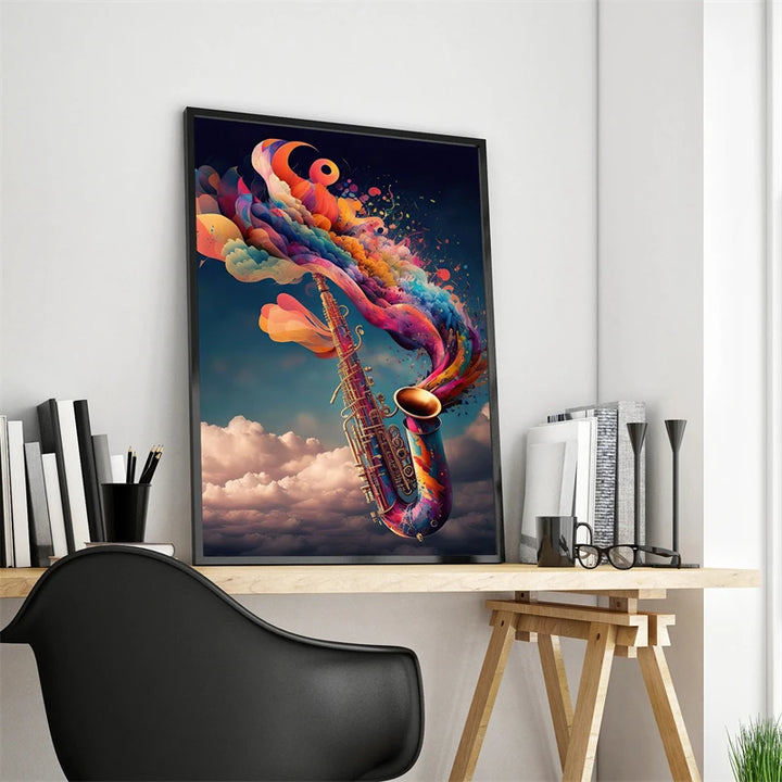 Une toile d'un saxophone coloré en version pop art est affichée sur un bureau en bois avec des classeurs noirs et blancs autour. Il y a un fauteuil noir de style scandinave. 